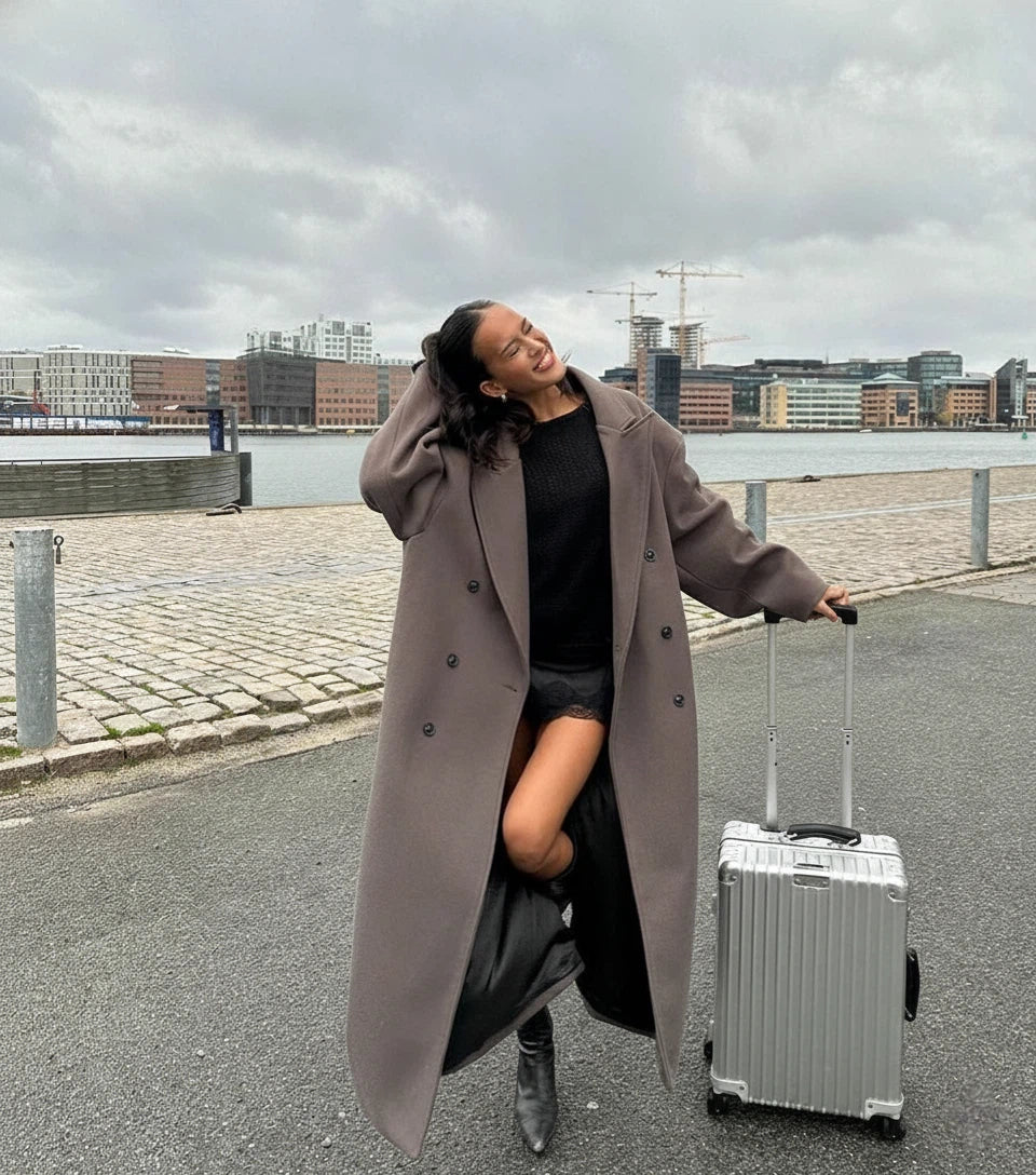 Women's Longline Wool Maxi Coat – Double Breasted Notched Lapel City Commute