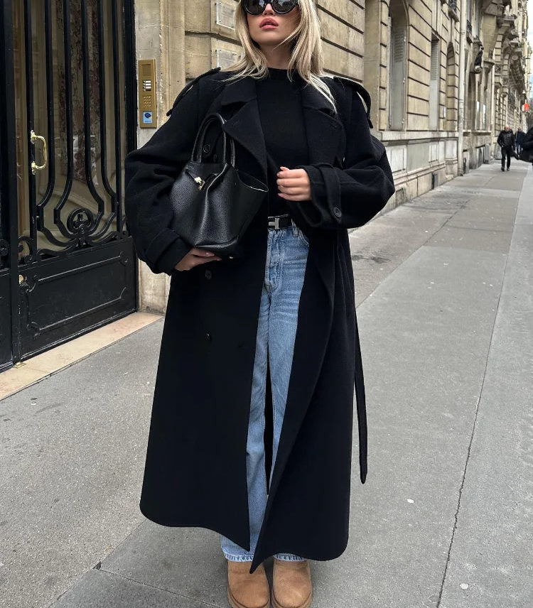 Women's Longline Wool Trench Coat – Double Breasted Belted Winter Commute