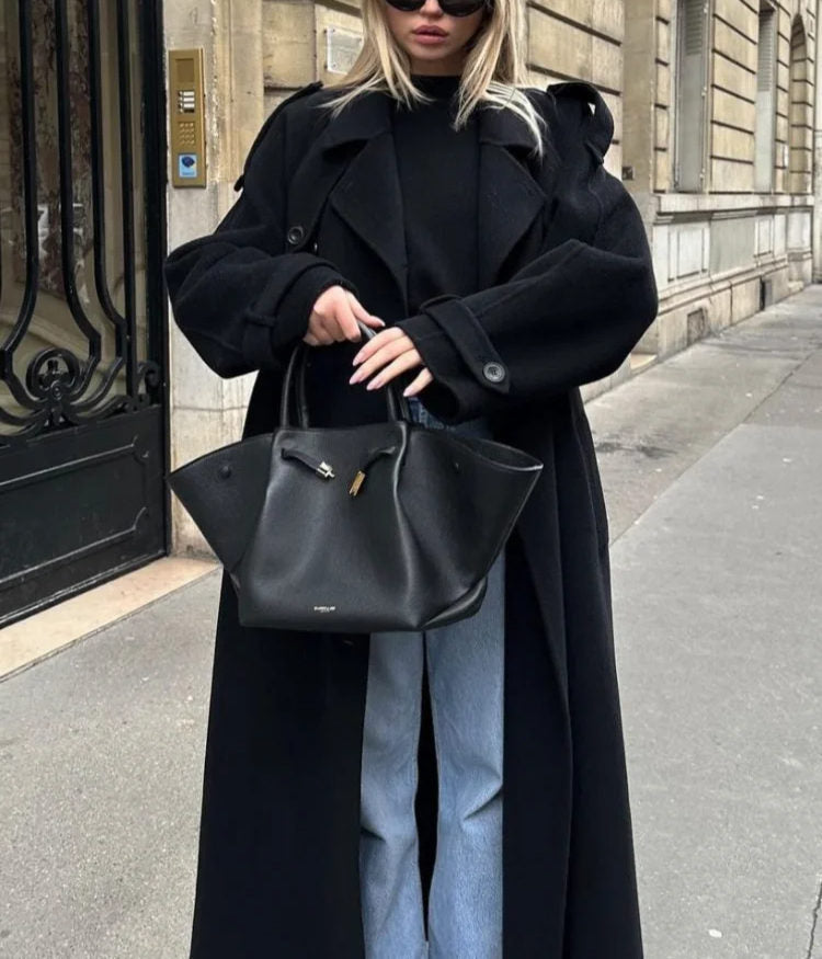 Women's Longline Wool Trench Coat – Double Breasted Belted Winter Commute