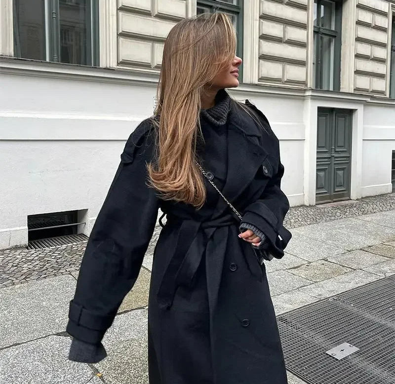 Women's Longline Wool Trench Coat – Double Breasted Belted Winter Commute