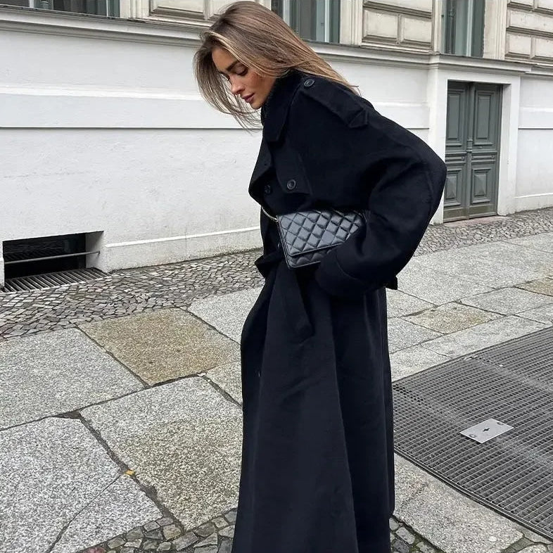 Women's Longline Wool Trench Coat – Double Breasted Belted Winter Commute
