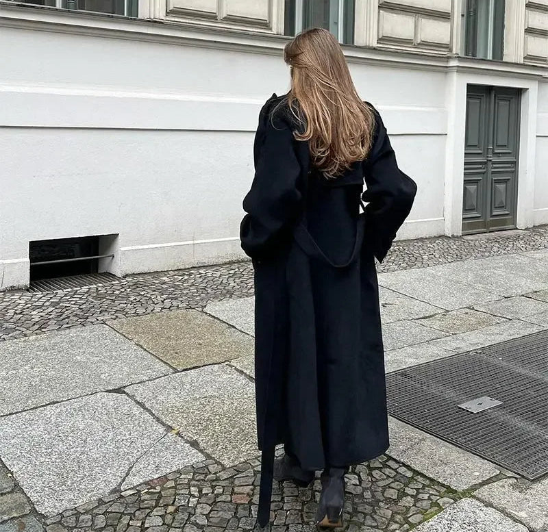 Women's Longline Wool Trench Coat – Double Breasted Belted Winter Commute