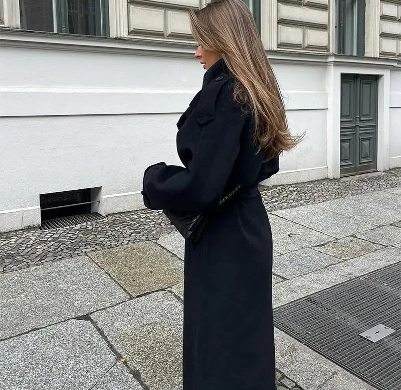 Women's Longline Wool Trench Coat – Double Breasted Belted Winter Commute