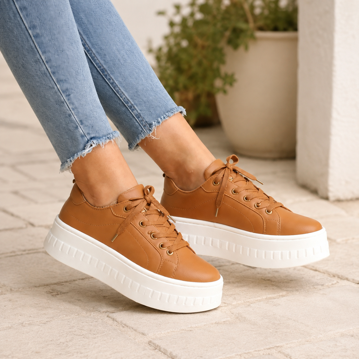 Women's Low-Top Stitched Sneakers – Lace-Up Platform Sole City Park Visits