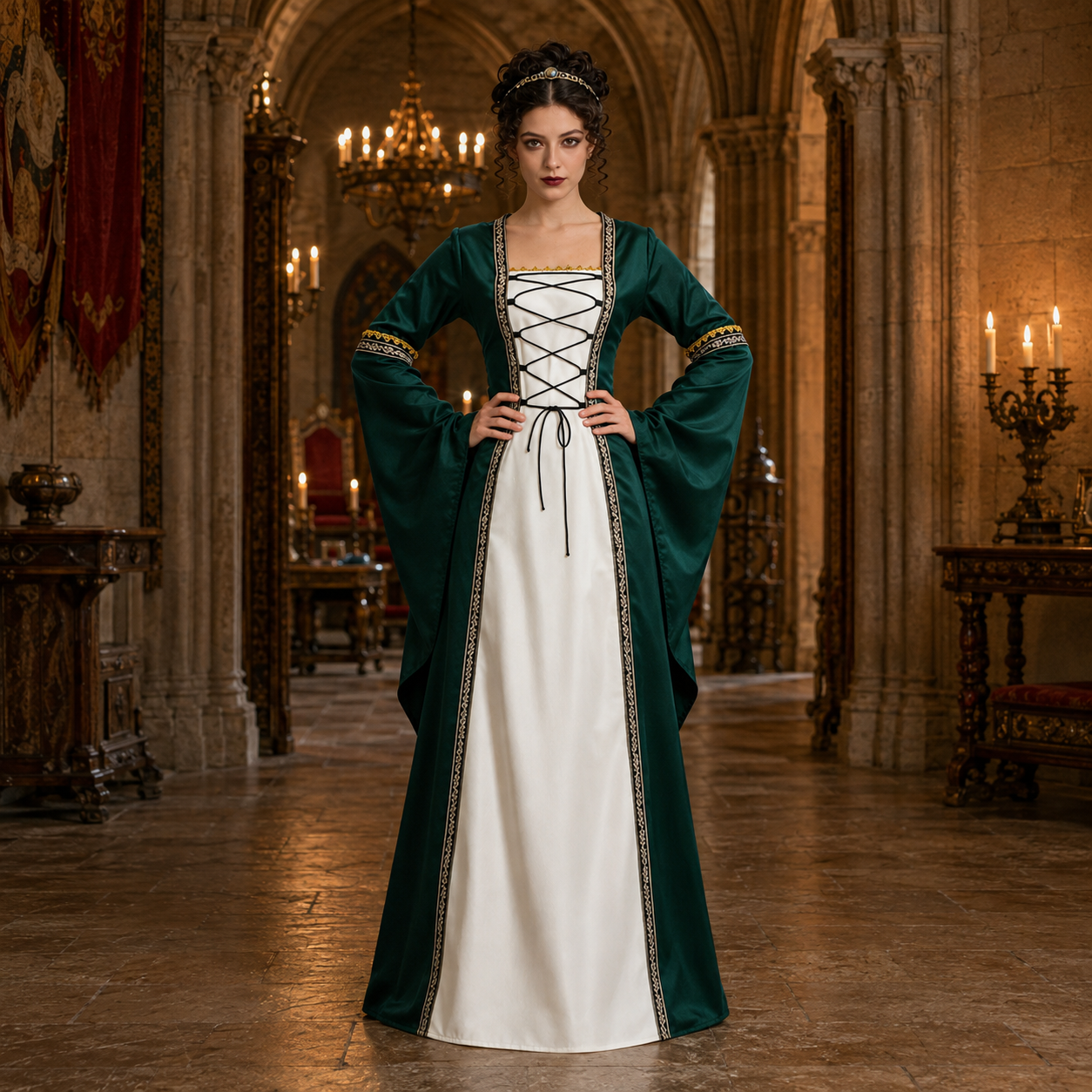 Women's Medieval Court Dress Costume – Lace Front Long Sleeve Halloween Party