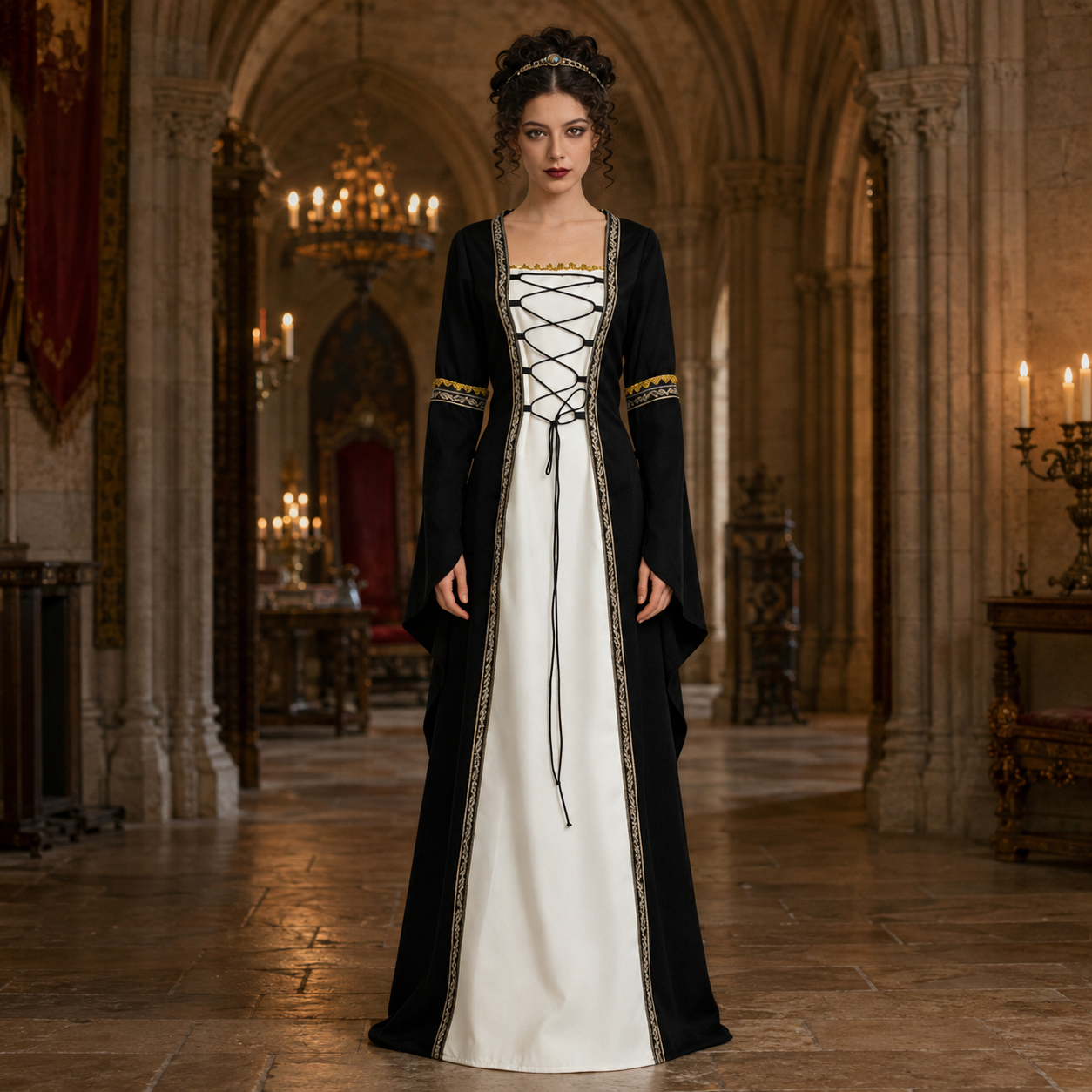 Women's Medieval Court Dress Costume – Lace Front Long Sleeve Halloween Party