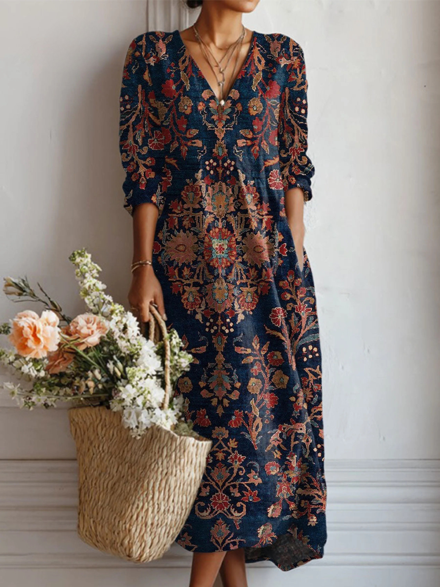 Women's Printed Midi Dress – V Neck Long Sleeves Side Pockets Summer