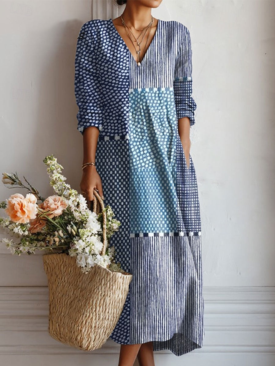 Women's Printed Midi Dress – V Neck Long Sleeves Side Pockets Summer