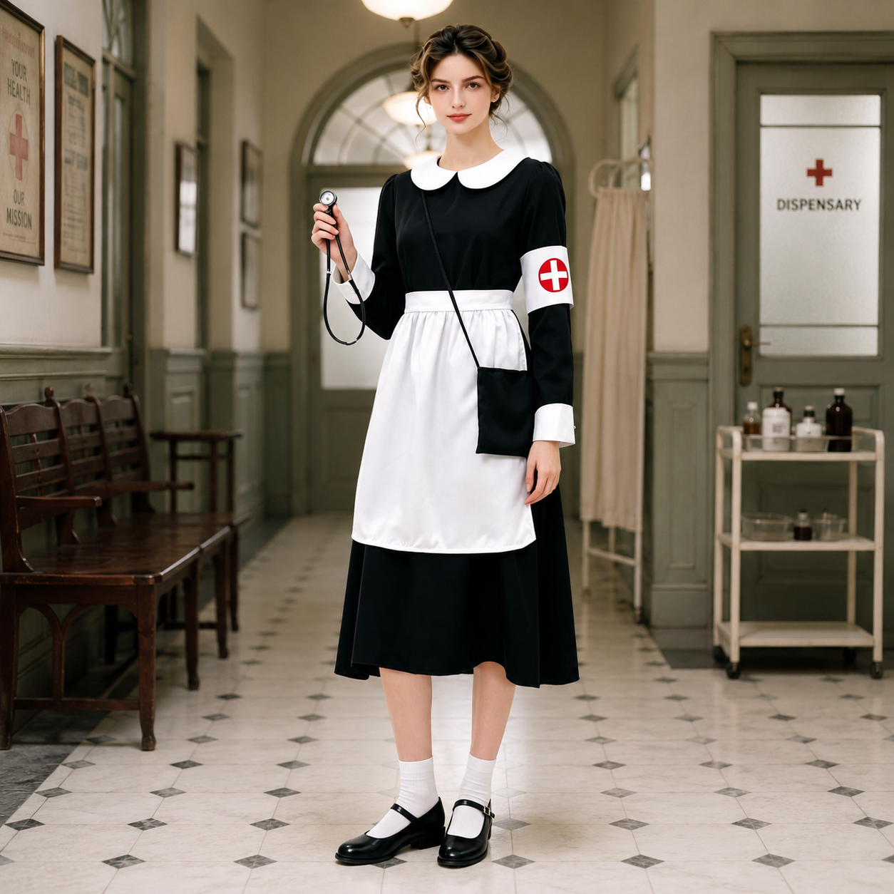 Women's Nurse Costume Dress – Peter Pan Collar Apron Halloween Party