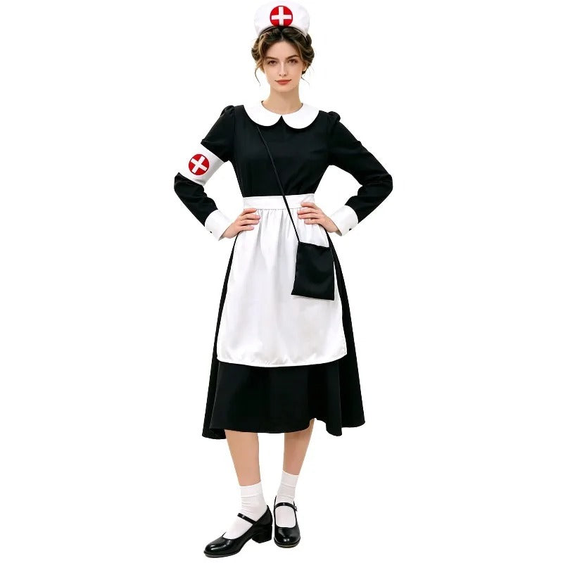 Women's Nurse Costume Dress – Peter Pan Collar Apron Halloween Party