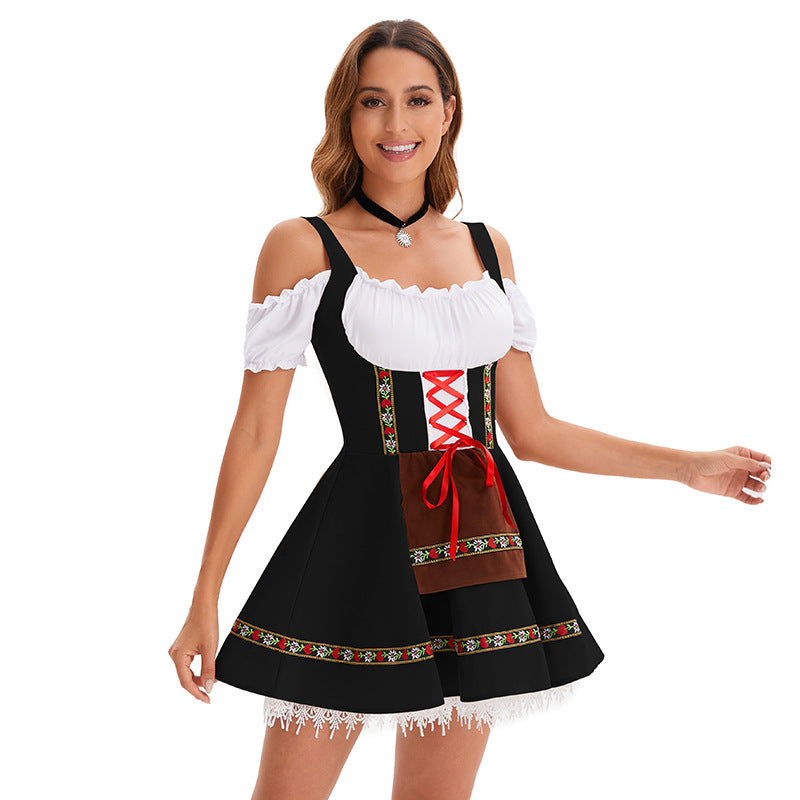 Women's Oktoberfest Floral Trim Costume – Lace Up Puff Sleeve Halloween Party