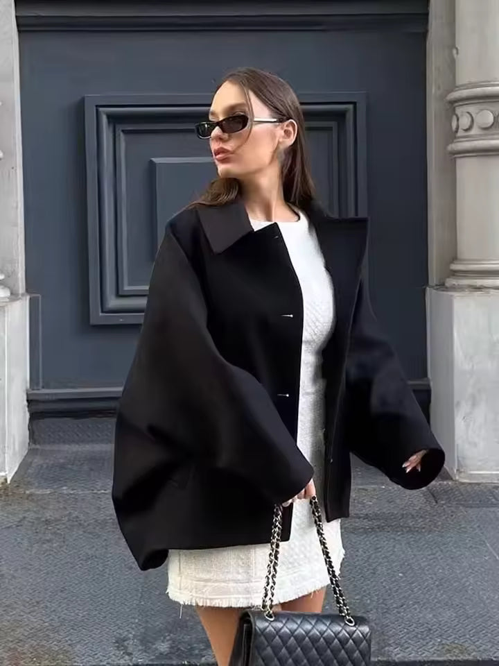 Women's Oversized Wool Jacket – Turn Down Collar Button Front Autumn Outings