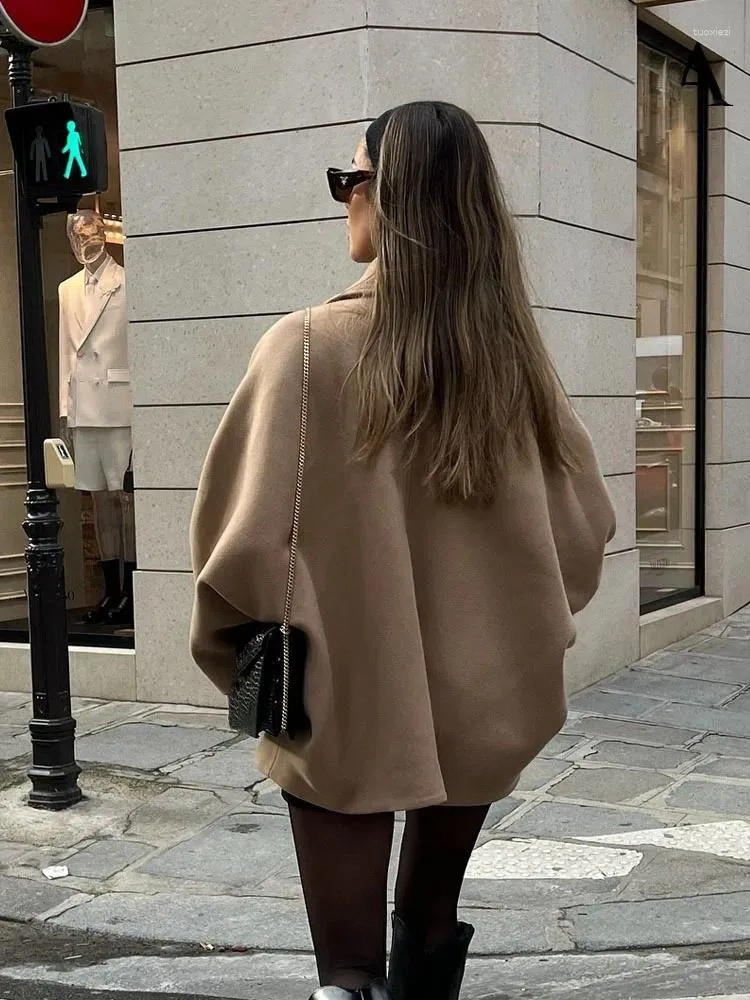 Women's Oversized Wool Jacket – Turn Down Collar Button Front Autumn Outings