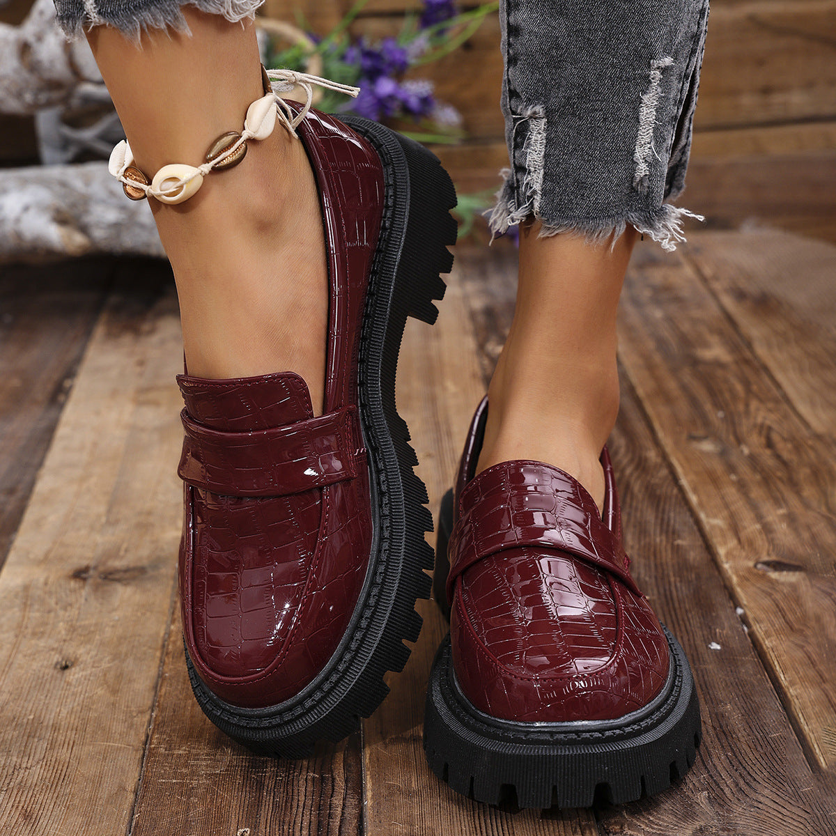 Women's Platform Croc Embossed Loafers – Vamp Strap Lug Sole Museum Afternoons