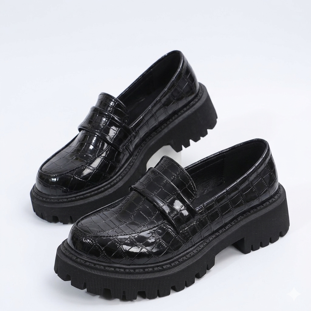 Women's Platform Croc Embossed Loafers – Vamp Strap Lug Sole Museum Afternoons