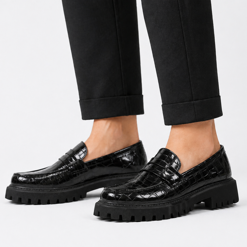 Women's Platform Croc Embossed Loafers – Vamp Strap Lug Sole Museum Afternoons