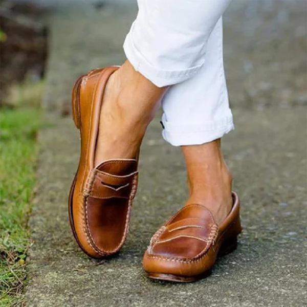 Women's Penny Stitched Leather Loafers – Slip-On Moc Toe Café Meetings