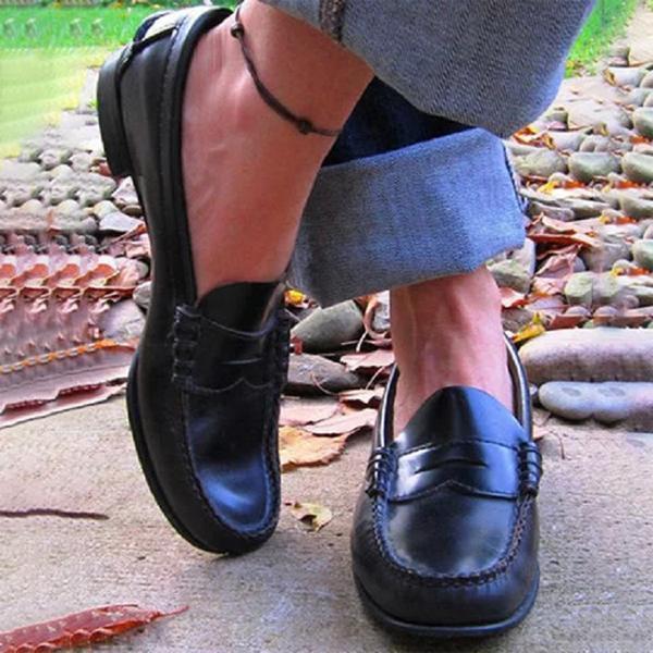 Women's Penny Stitched Leather Loafers – Slip-On Moc Toe Café Meetings