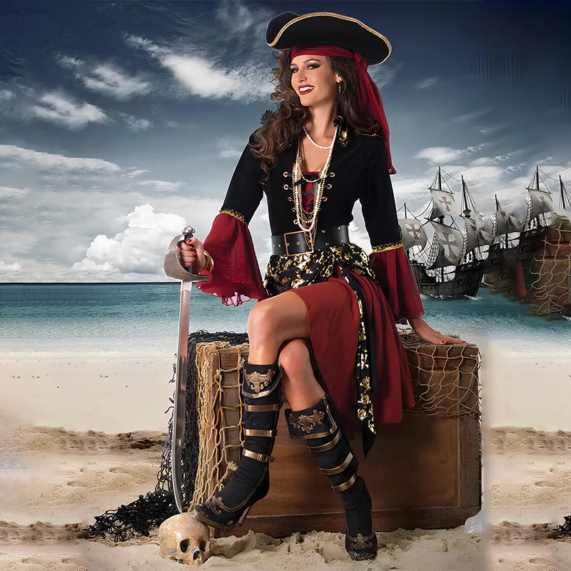 Women's Pirate Costume – Lace Up Bell Sleeve Hat Belt Halloween Party