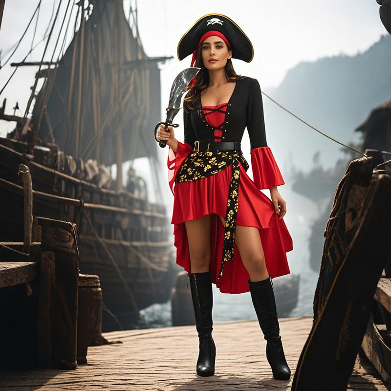 Women's Pirate Costume – Lace Up Bell Sleeve Hat Belt Halloween Party