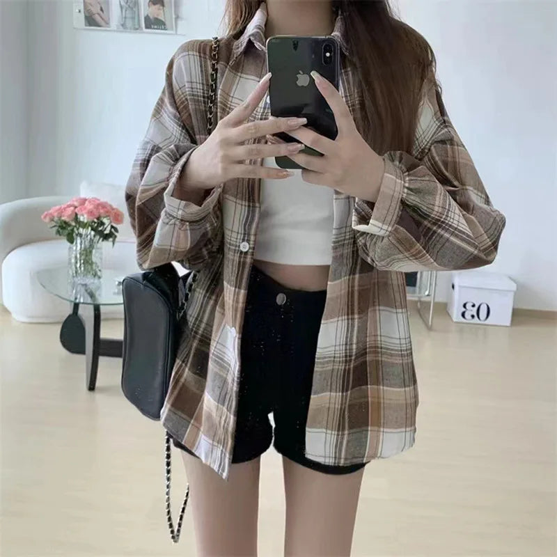 Women's Plaid Flannel Shirt – Button Front Gathered Cuffs Study Days