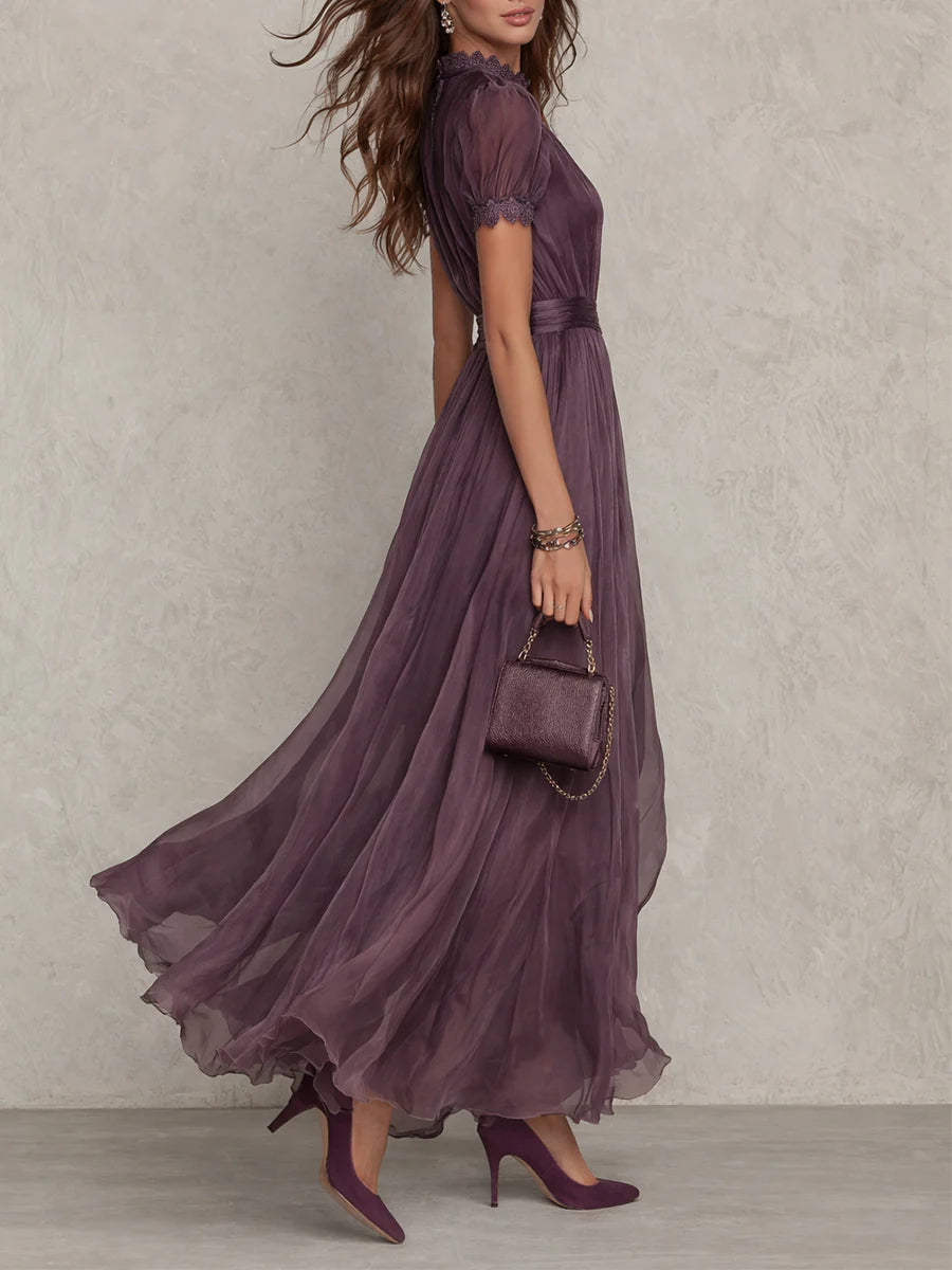 Women's Pleated Lace Trim Maxi Dress – Keyhole Neck Puff Sleeves Wedding Guest