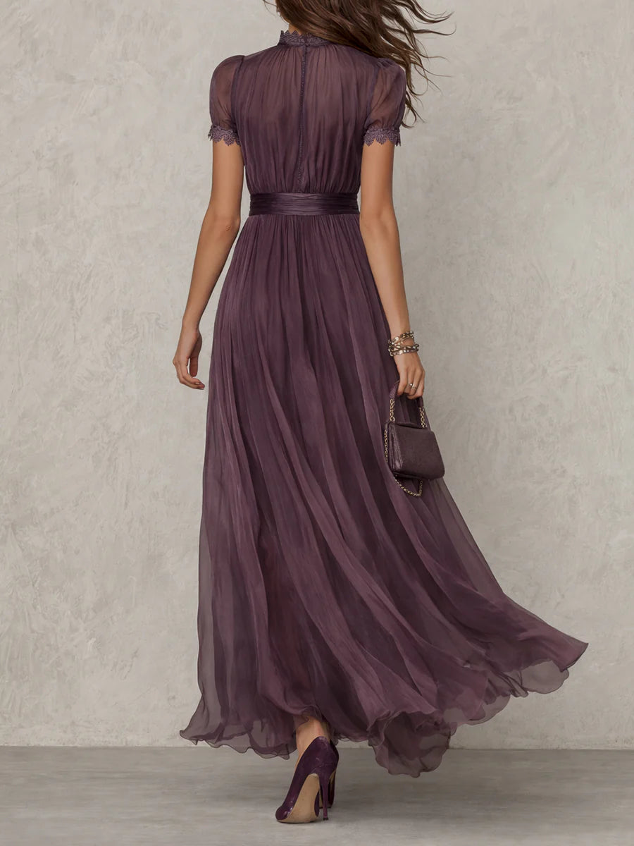Women's Pleated Lace Trim Maxi Dress – Keyhole Neck Puff Sleeves Wedding Guest
