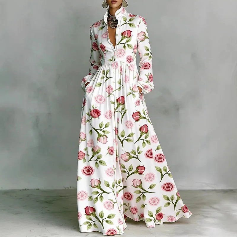 Women's Printed Maxi Dress – Stand Collar Button Front Art Gallery Wear