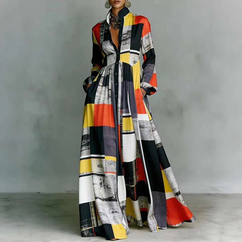 Women's Printed Maxi Dress – Stand Collar Button Front Art Gallery Wear