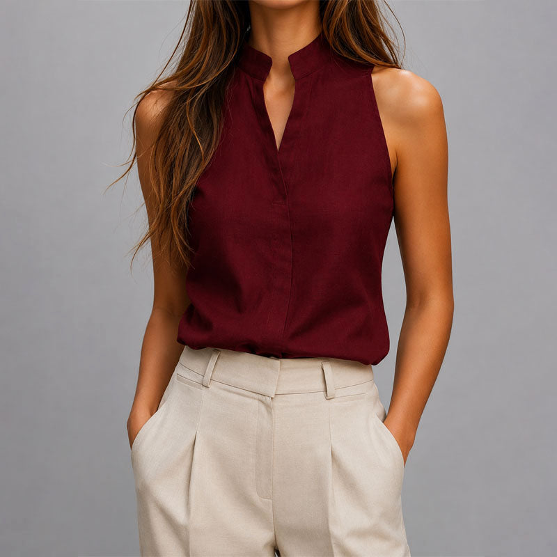 Women's Pullover Mandarin Collar Blouse – Sleeveless V Cut Office Meetings