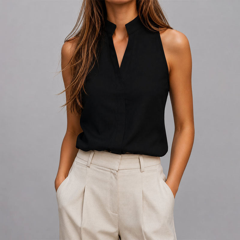 Women's Pullover Mandarin Collar Blouse – Sleeveless V Cut Office Meetings