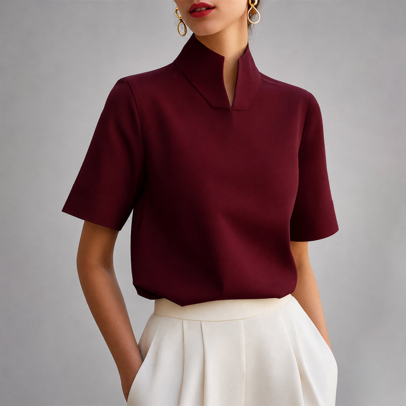 Women's Pullover Stand Collar Blouse – V Cut Short Sleeves Workday Meetings
