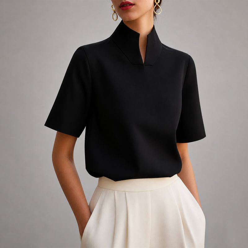 Women's Pullover Stand Collar Blouse – V Cut Short Sleeves Workday Meetings