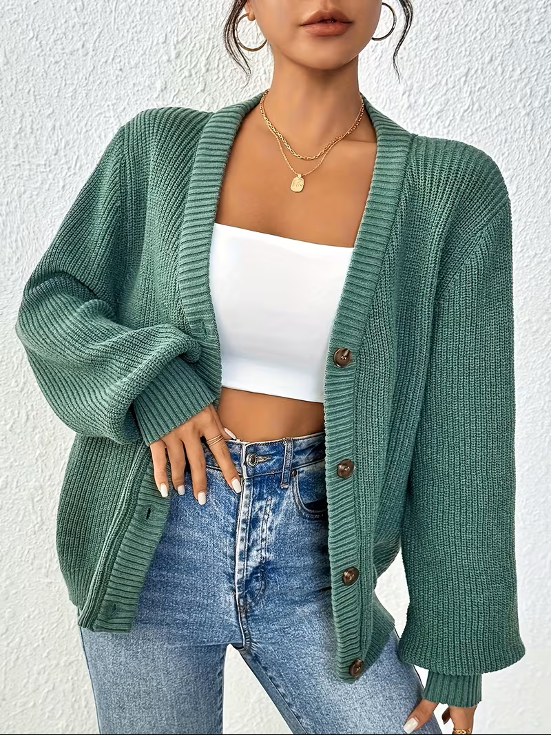 Women's Ribbed V Neck Cardigan – Button Front Long Sleeves Coffee Meetups