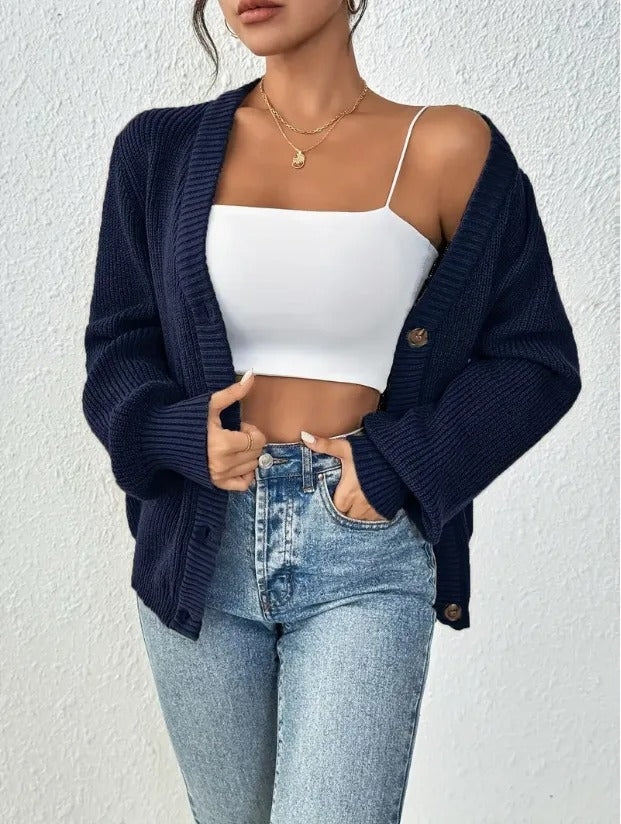 Women's Ribbed V Neck Cardigan – Button Front Long Sleeves Coffee Meetups