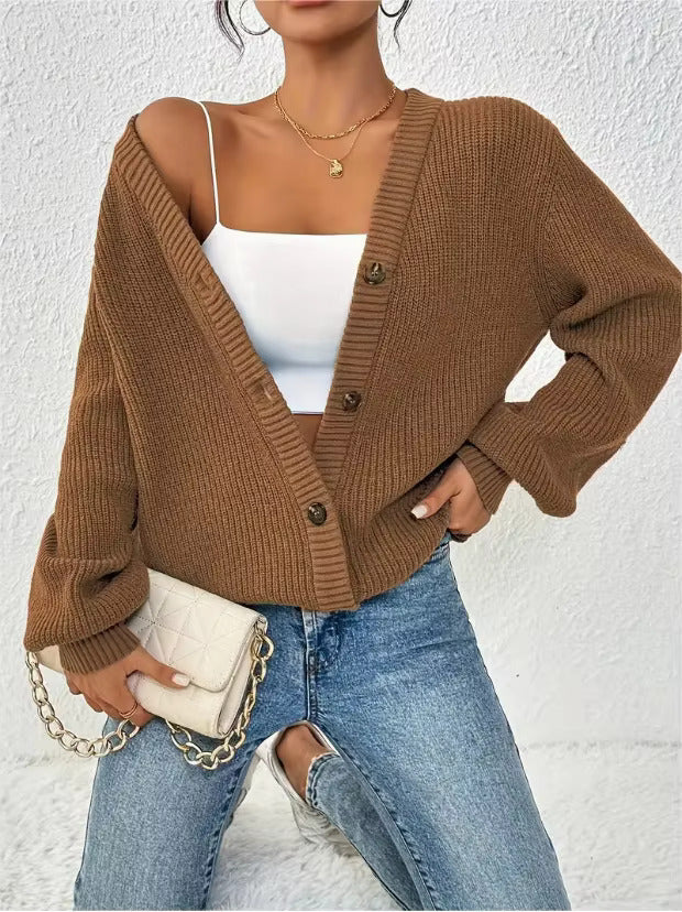 Women's Ribbed V Neck Cardigan – Button Front Long Sleeves Coffee Meetups