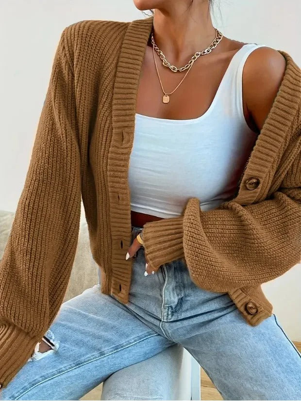 Women's Ribbed V Neck Cardigan – Button Front Long Sleeves Coffee Meetups