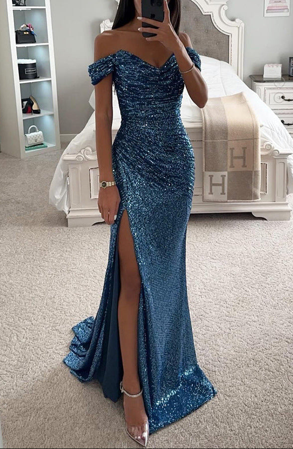 Women's Ruched Sequin Evening Maxi Dress – Off Shoulder Side Slit Awards Night