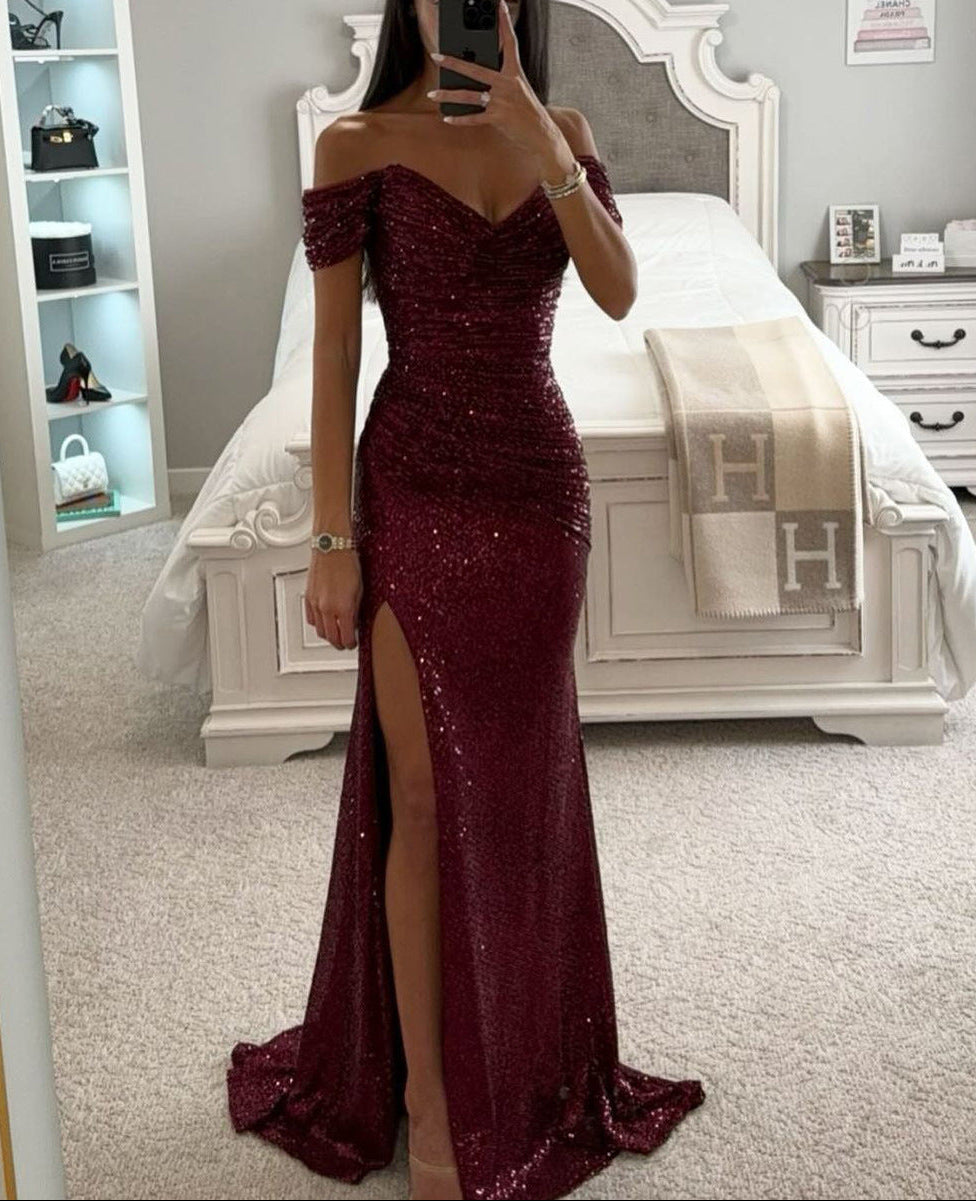 Women's Ruched Sequin Evening Maxi Dress – Off Shoulder Side Slit Awards Night