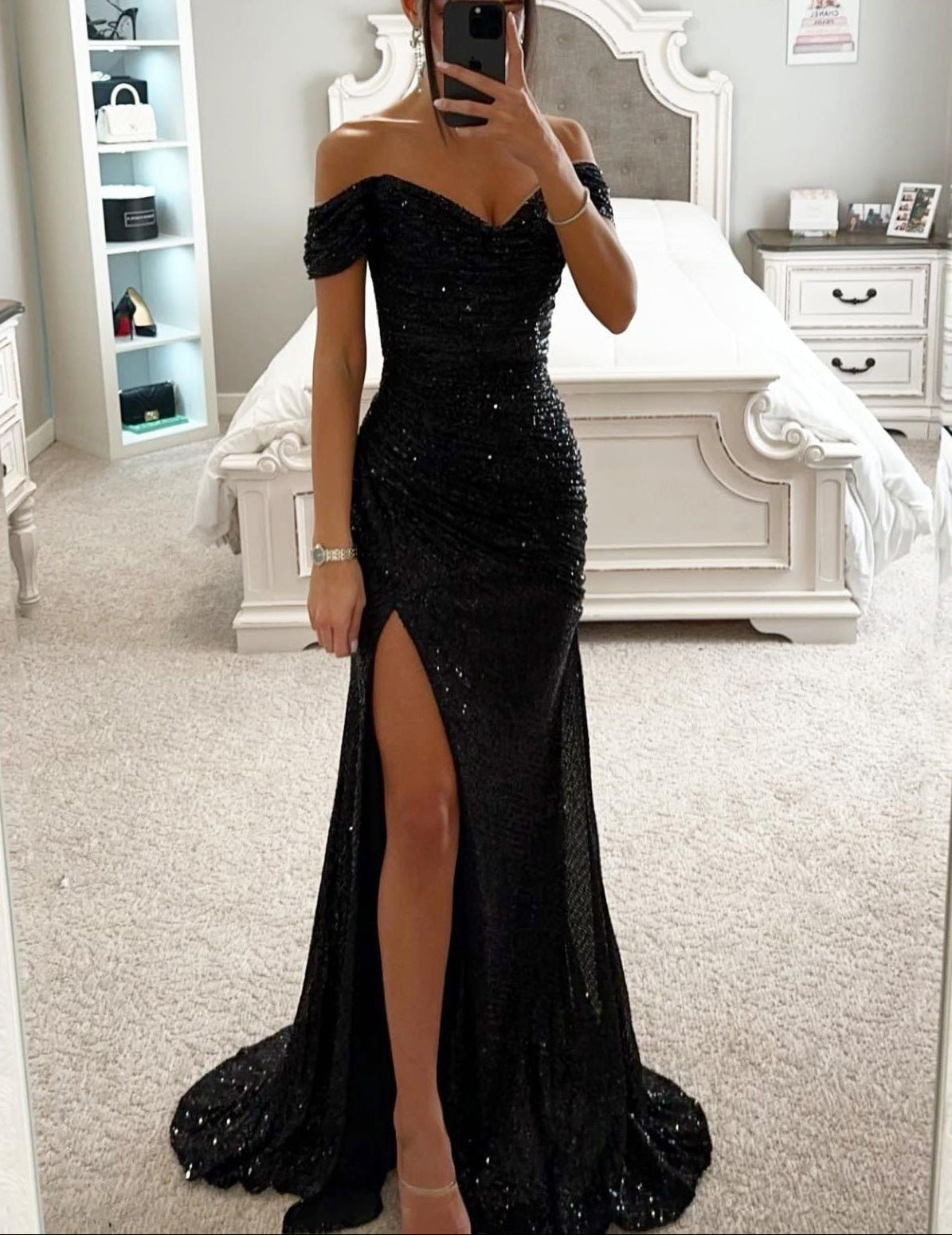 Women's Ruched Sequin Evening Maxi Dress – Off Shoulder Side Slit Awards Night