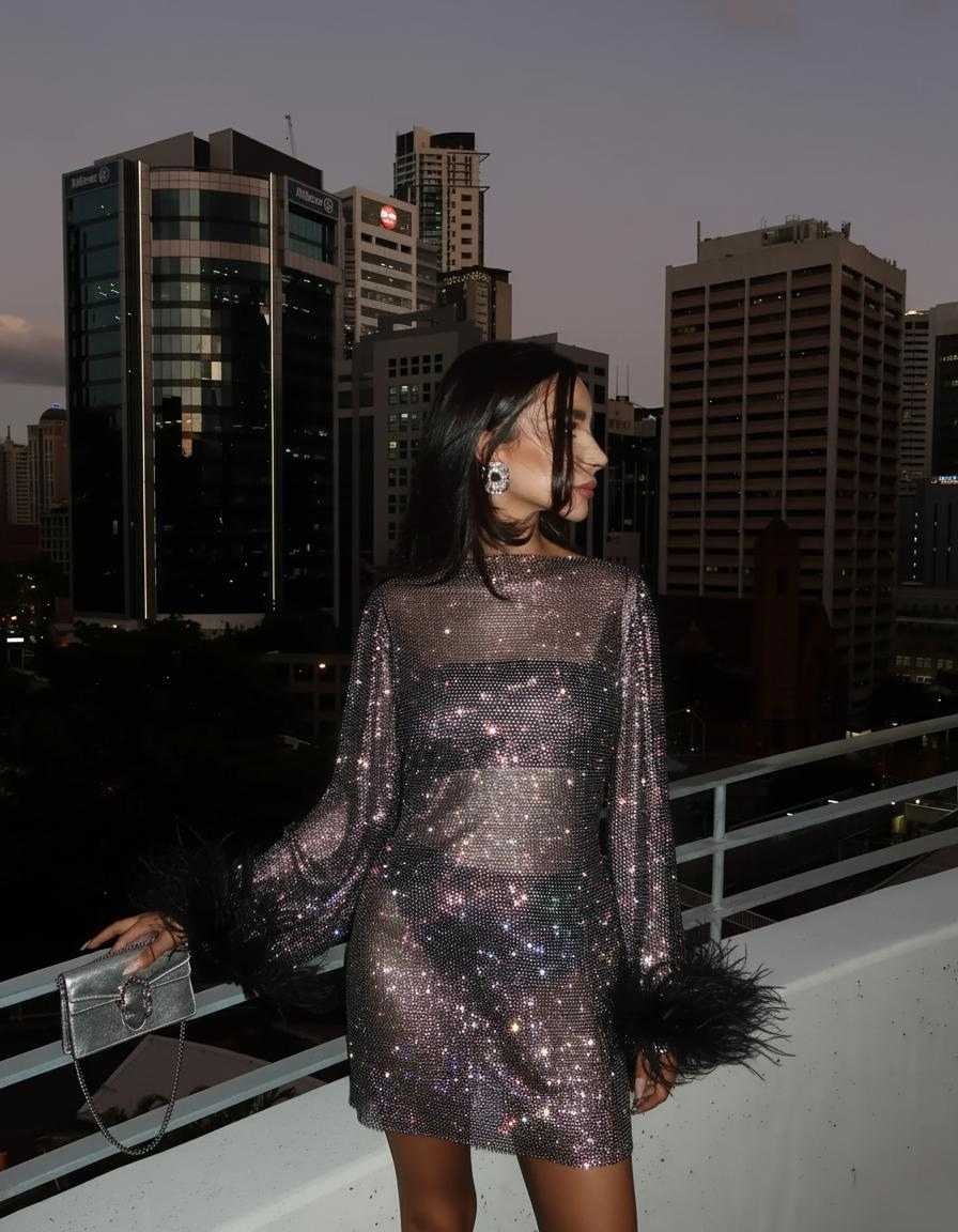 Women's Sequin Sheer Sleeve Mini Dress – Round Neck Feather Trim Cocktail