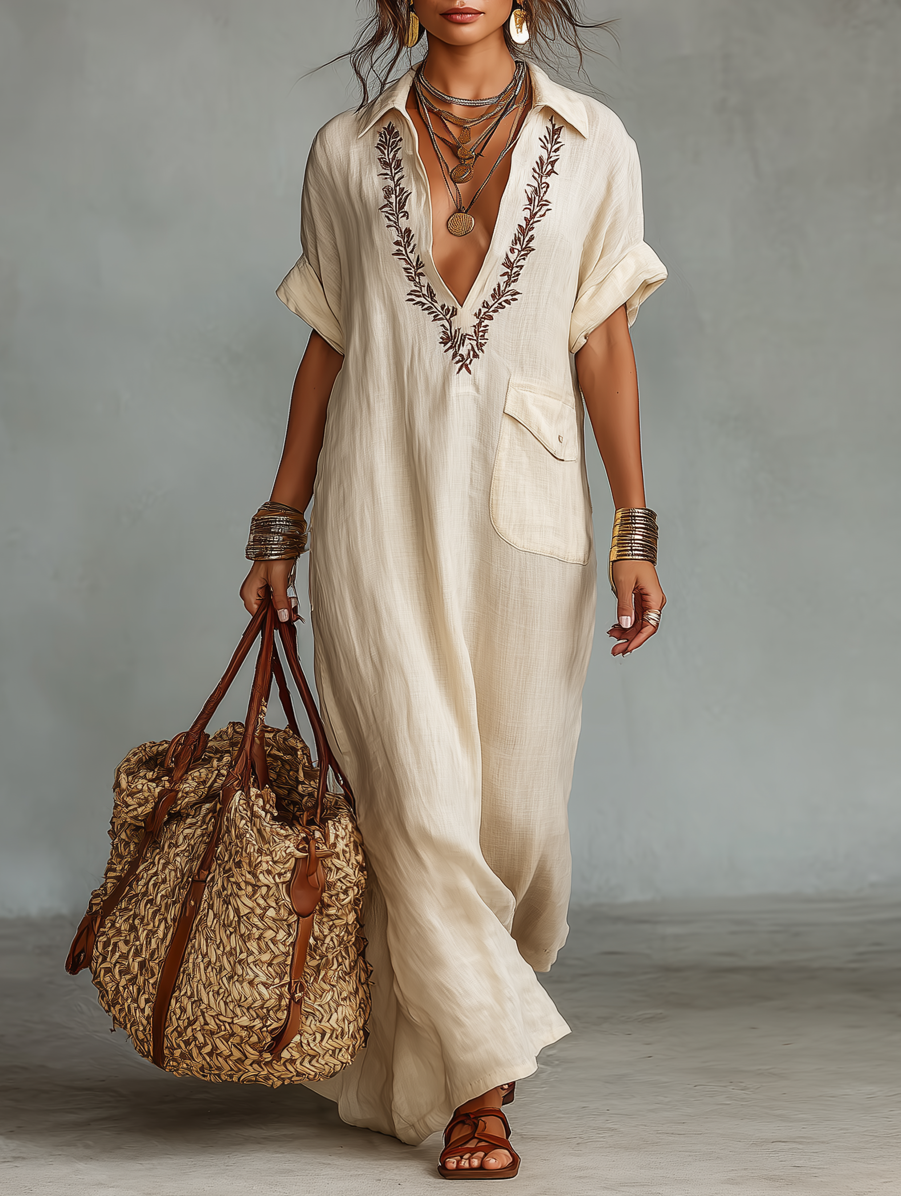 Women's Shirt Style Embroidered Maxi Dress – Collared V Neck Beach Vacation