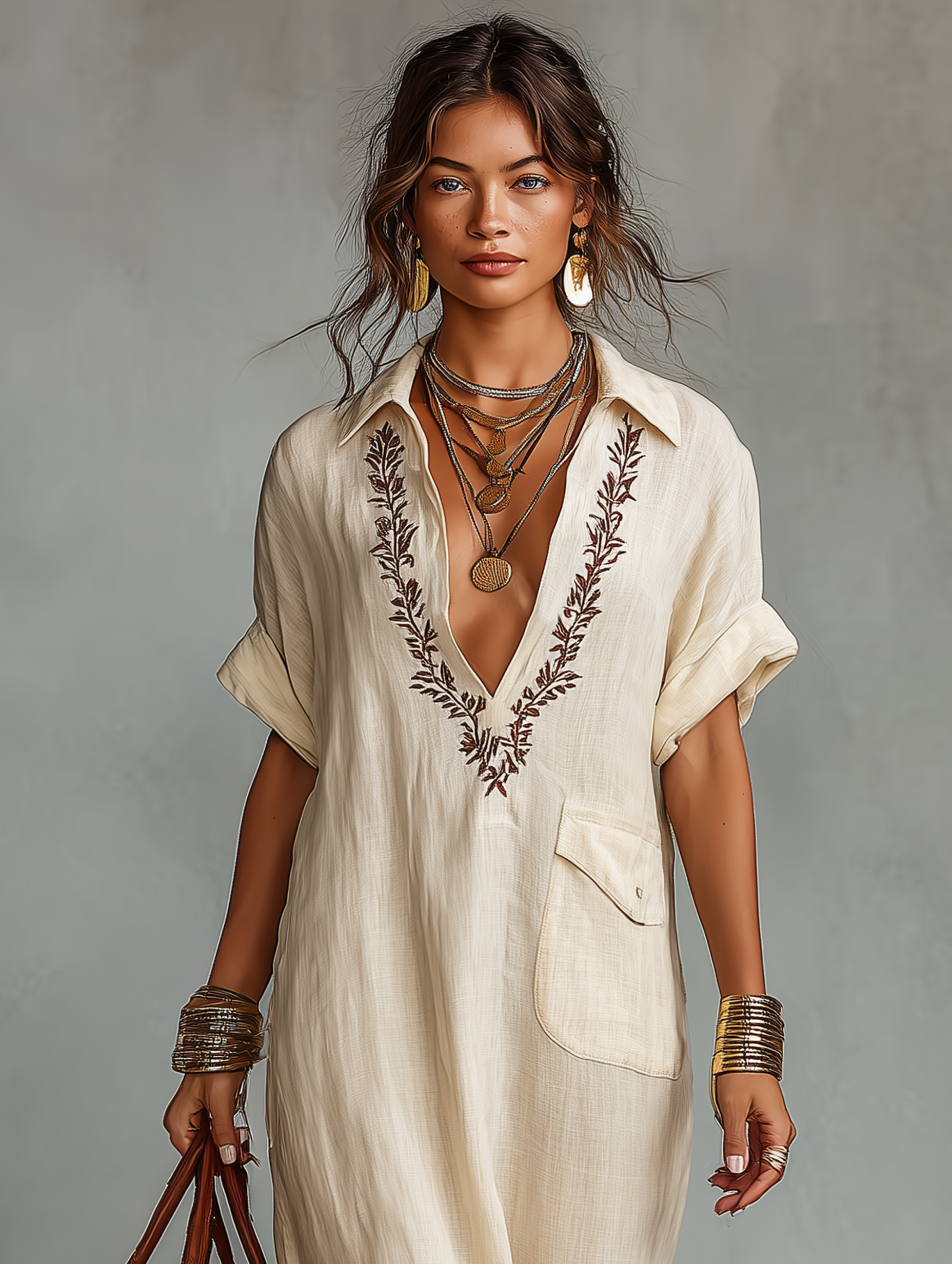 Women's Shirt Style Embroidered Maxi Dress – Collared V Neck Beach Vacation