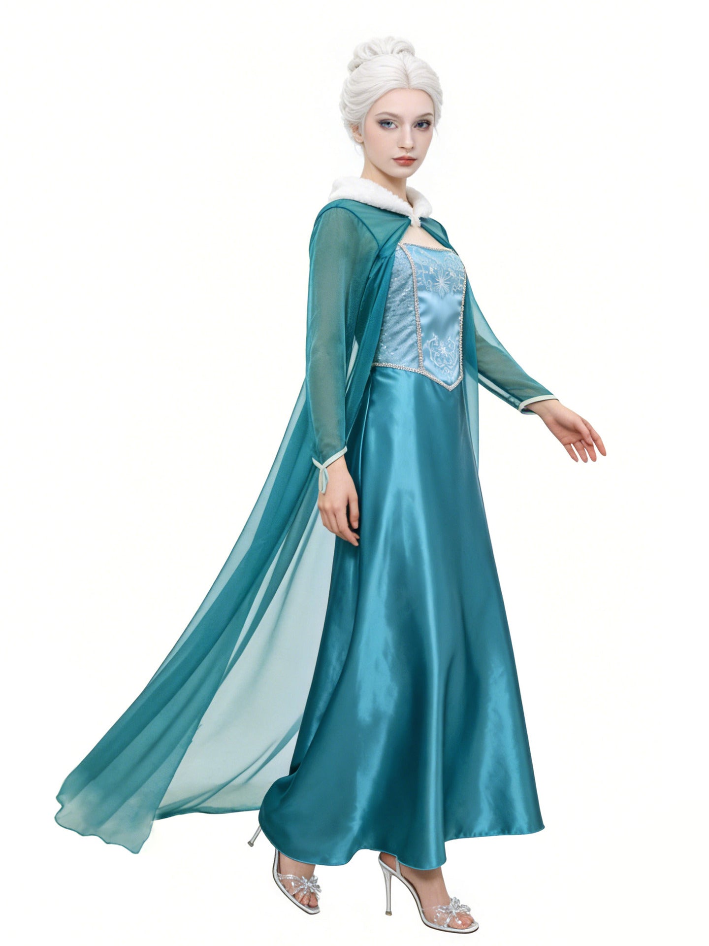 Women's Snow Queen Costume Dress – Sheer Cape Long Sleeve Halloween Party