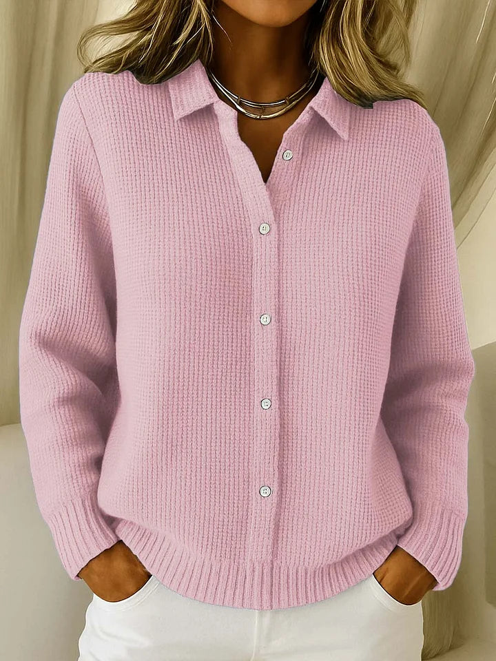 Women's Textured Collared Cardigan – Button Front Long Sleeves Daytime Outings