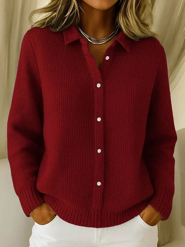 Women's Textured Collared Cardigan – Button Front Long Sleeves Daytime Outings