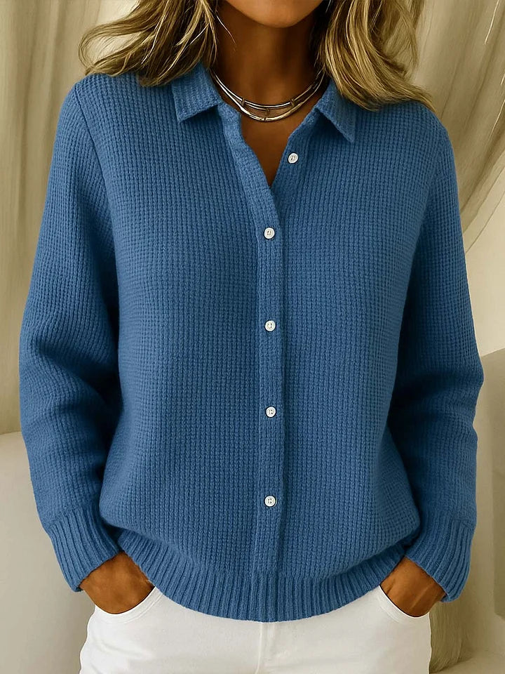 Women's Textured Collared Cardigan – Button Front Long Sleeves Daytime Outings