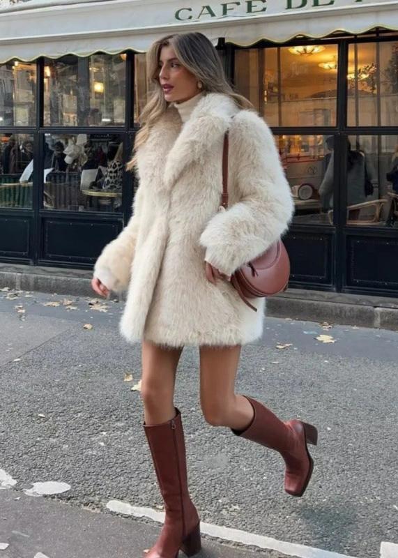 Women's Textured Faux Fur Coat – Shawl Collar Open Front Winter Wear