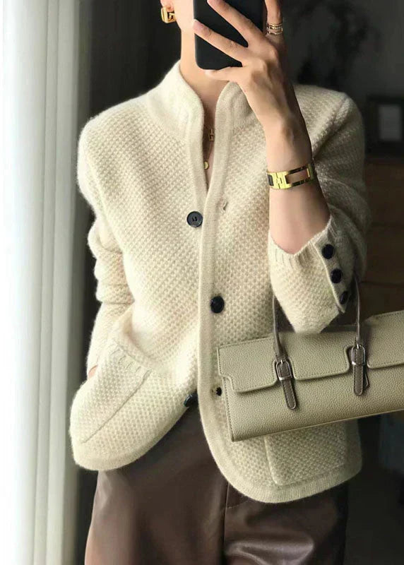 Women's Textured Stand Collar Cardigan – Button Front Patch Pockets Market Visit