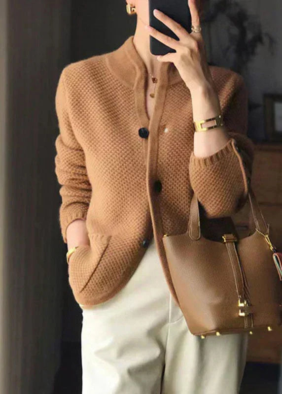 Women's Textured Stand Collar Cardigan – Button Front Patch Pockets Market Visit